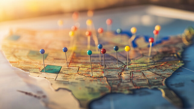 Map of the US with pins and needles connecting places with string