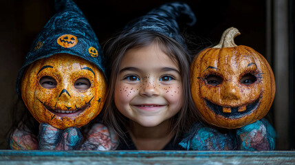 Happy funny kids in Halloween masks, Central European ethnicity