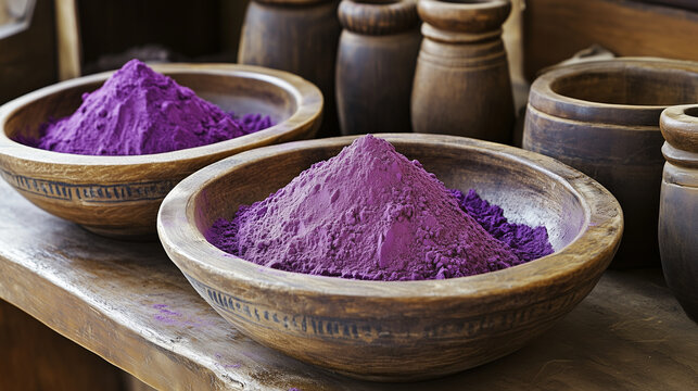Wooden bowls with purple powder of different shades, piled up inside at the eastern market, antiquity, Phoenicia
