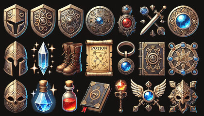 Fantasy Adventure Icon Set with Potions Gemstones Boots and Scrolls