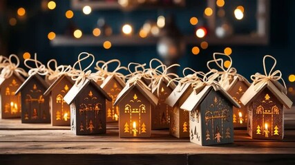 Christmas advent calendar in the form of houses. Eco friendly Christmas gifts diy.Christmas gifts and holiday traditions concept. Banner