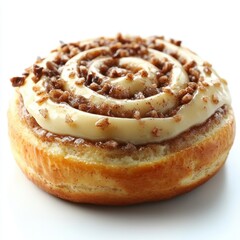 Fototapeta premium A single cinnamon roll with frosting isolated on white background. 