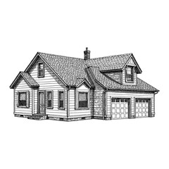 Simple House in Detailed Architectural Black and White Outline Line Art Drawing Style