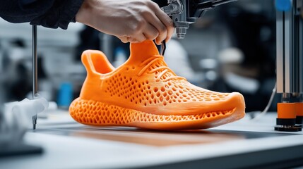 Close-up of a 3D printer creating an orange athletic shoe with a lattice structure, showcasing advanced manufacturing technology and modern design in footwear production.