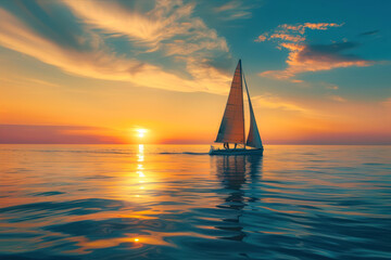 Sailing Serenely Into the Sunset on Calm Waters, a Vibrant Display of Colors and Tranquility