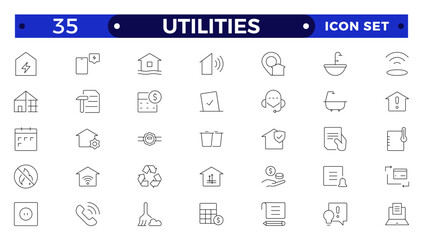 Public utilities web icons in outline style. Rent receipt, electricity, water, gas, garage, heating, Water, Fuel, Electricity, Solar House, Maintenance  collection.