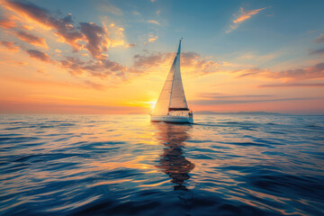 Fototapeta premium Sailing Into the Sunset Over Calm Waters, a Serene Journey at Twilight From a Coastal Paradise