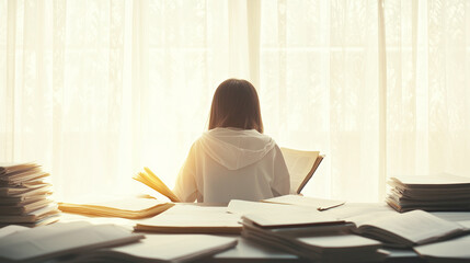 A faceless child sitting at a desk, surrounded by open textbooks and notes, focusing intently on studying for an upcoming exam. photo