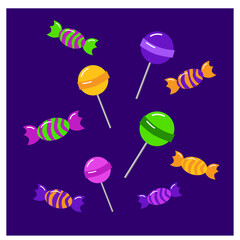 Trick or treat candy collection. Halloween sweets and lollipops. . Vector cartoon treats elements, decoration template. Halloween food icons .