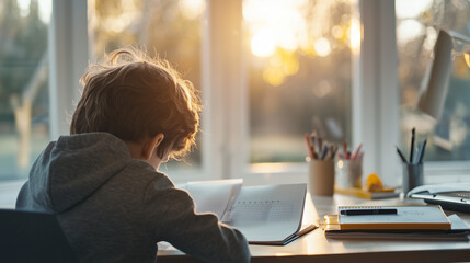 A faceless image of a child deep in study mode, reviewing materials and notes for an important exam or test at a cluttered desk. photo