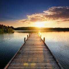 Fototapeta premium relaxing moment wooden pier on a lake with an amazing sunset