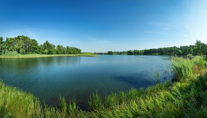 Fototapeta premium summer landscape beautiful panoramic widescreen view of a large lake with a green coastal forest with lush foliage and reeds under a clear blue sky