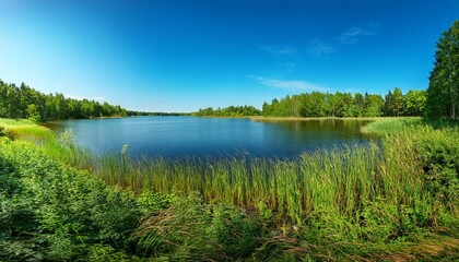 summer landscape beautiful panoramic widescreen view of a large lake with a green coastal forest with lush foliage and reeds under a clear blue sky