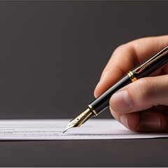 A close-up of a hand holding a luxurious fountain pen poised over a blank piece of paper, emphasizing the act of writing.
