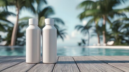 Naklejka premium プールを背景に 2 つの白い空の日焼け止めボトルのモックアップ