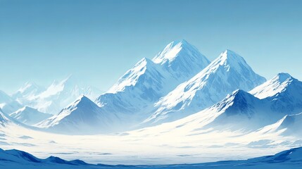 Snow-covered mountains with a clear blue sky on a winter day. 