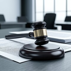 A gavel rests on a round base next to a stack of papers, symbolizing law, justice, and the court system in a professional setting.