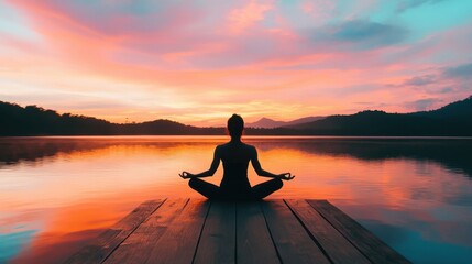 A silhouette of a person in a yoga pose sitting on a wooden pier at sunrise, with still water around and a colorful sky creating a tranquil atmosphere.