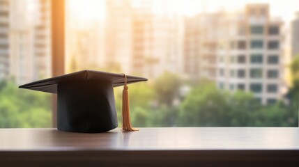 Graduation cap on a desk with blurred university campus in the background, soft natural lighting, , spacious composition