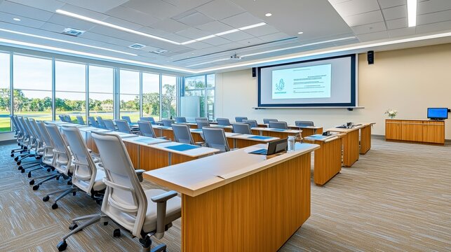A spacious medical conference room with a presentation screen at the front and seating organized for participants, creating an inviting setting for informative discussions.