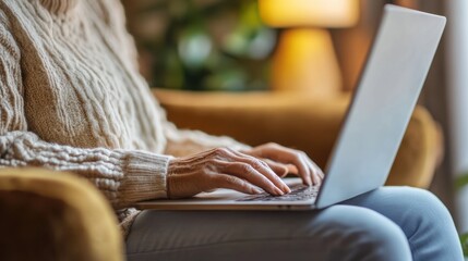 Elderly woman using laptop for genealogy research, cozy room, clean background, copy space