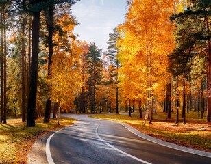 Naklejka premium wide panorama of an autumn bright park with a winding asphalt road trees yellow orange leaves and pine trunks