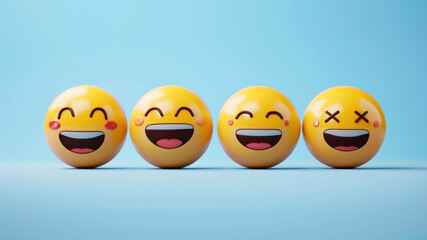Bright and Cheerful Happy Face Emojis Lined up on a Calming Blue Gradient Background