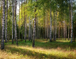 Obraz premium wide panoramic view of a mixed birch spruce forest with grass in the foreground and lateral sunlight in warm september weather