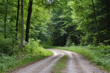 Naklejka premium Winding dirt road through lush green forest at midday under bright blue sky