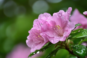 Obraz premium Delicate pink flowers glisten with raindrops in a vibrant garden during springtime