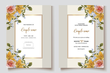 Fototapeta premium WEDDING INVITATION FRAME WITH FLOWER DECORATIONS WITH FRESH LEAVES 