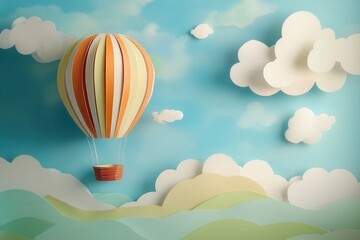Fototapeta premium Papercraft Hot Air Balloon Over Mountains and Clouds