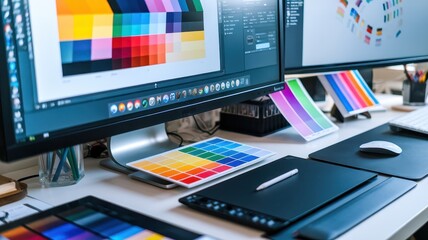 Creative workspace with dual monitors displaying colorful design palettes for graphic design projects.