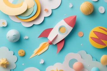 Papercraft Rocket in Outer Space with Planets and Clouds