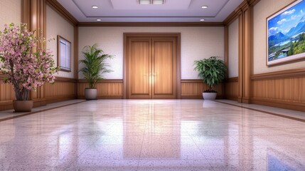 Elegant interior corridor featuring wooden doors, potted plants, and art, creating a serene atmosphere.