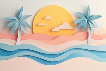 Papercraft Tropical Beach Sunset with Palm Trees