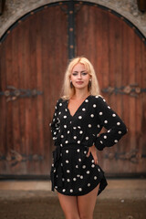 Naklejka premium Portrait of a young beautiful blonde girl outdoors.