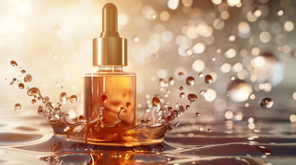 Cosmetic pipette with Cosmetic Essence oil with Clipp splashes and drops of water lights from the side in the background