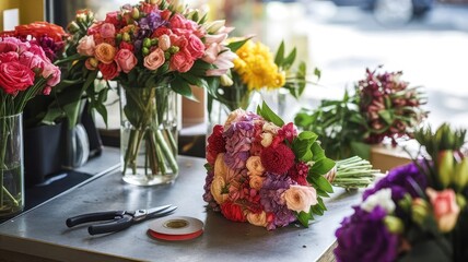 A vibrant assortment of fresh flower bouquets arranged beautifully on a table in a florist shop.