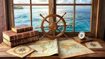 A wooden ship's wheel, old books, and a compass on a table against a window with ocean views, capturing a sense of adventure.