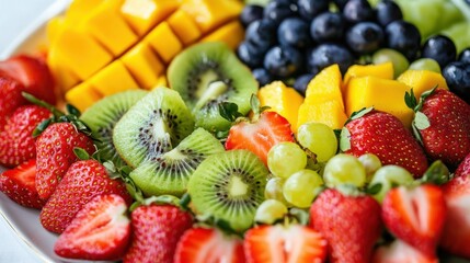 Obraz premium A vibrant fruit platter artfully arranged with fresh strawberries, kiwi, mango, and grapes, showcasing a colorful array of healthy delights against a bright backdrop
