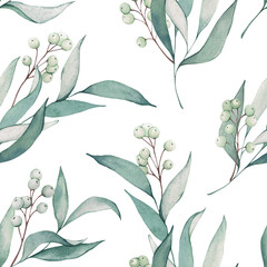 Watercolor seamless pattern with snowberries. Christmas print with foliage and white snowberries. Holiday design and decoration, winter decor.