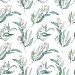 Watercolor seamless pattern with snowberries. Christmas print with foliage and white snowberries. Holiday design and decoration, winter decor.