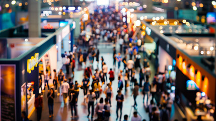 Obraz premium defocused Exhibition hall and booths crowded with activity and visitors, business conference, blurred background, copy space, drone view