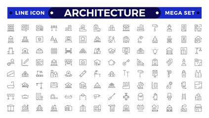Architecture line icons collection. Bank, temple, office, factory, shop, hotel, hospital icons. UI icon set. Apartment interior blueprint. House construction.