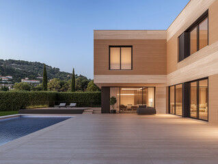 Modern villa with a pool in a serene landscape at dusk, showcasing elegant architecture and greenery