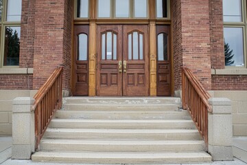 Elegant wooden entrance doors with stairs leading to a historic building in a serene setting