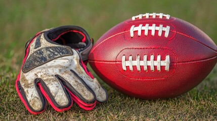 Obraz premium Football and glove on grass, ready for play.