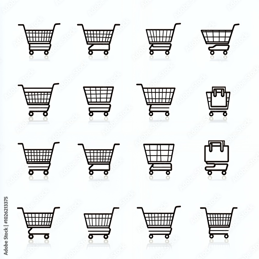 Canvas Prints A set of 16 black and white shopping cart icons.