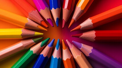 Colorful pencils arranged in a circle, showing sharp tips in a creative pattern.